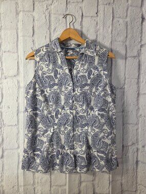 Basic Editions Medium Blue Paisley Button Front Sleeveless Cotton Blend Blouse